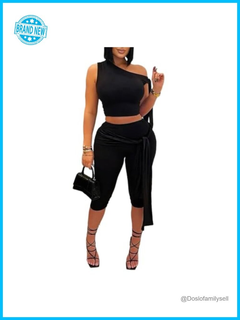 2 Piece Outfit One Shoulder Crop Top Capri Pant Set Sleeveless Polyester